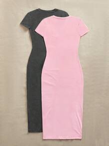 SHEIN EZwear 2 件套休闲简约短袖紧身中长连衣裙，适合春夏季