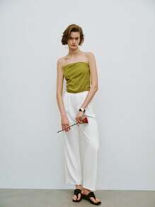 Lumivelle Top corto de bandeau casual sencillo para mujer, blusa ajustada de corte fruncido y de moda - Mostaza Amarilla - Ver 3