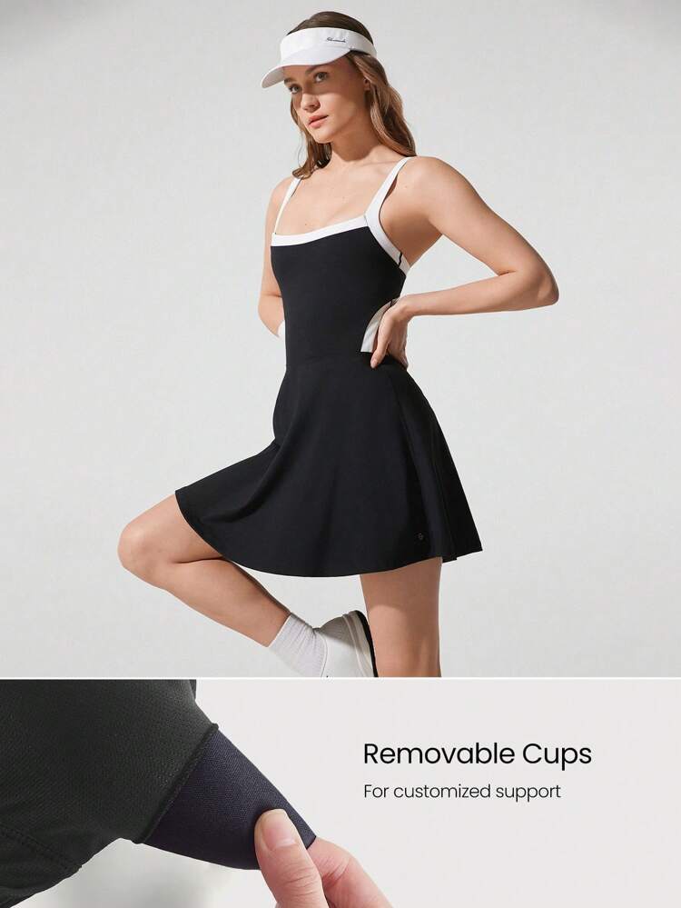 Quick-Dry Easy Leisure Open Back Contrast Color Pleated A-Line Dress Low Impact Tennis Golf Pickleball Daily Casual Wear