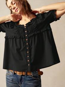 Bohemela Damen Lässig einfarbiges locker sitzendes Hemd aus Gewebe mit Kurzarm