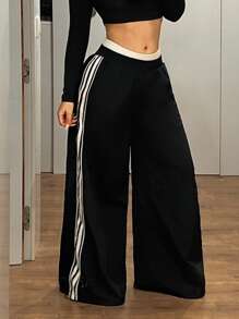 SHEIN ICON Women Y2K Chic Black Casual Street American Side Stripe Wide Leg Pants - Black - View 6