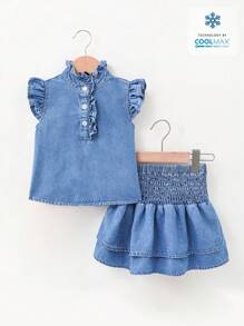 SHEIN Tween Girls Denim Two Pieces Outfits - Medium Wash - View 6