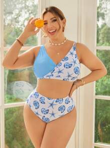SHEIN Swim Curve 大码假日海滩花卉印花拼布泳衣套装 - 彩色 - 查看 4