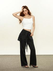 Rina Fox 女士时尚蕾丝拼布休闲裤 - 黑色 - 查看 2