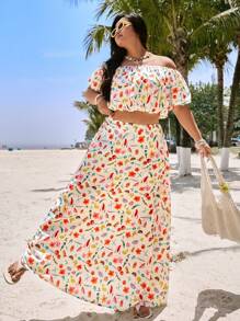 SHEIN EZwear Plus Size Allover Print Off Shoulder Short Sleeve Top And Skirt 2 Pieces Set - Multicolor - View 3
