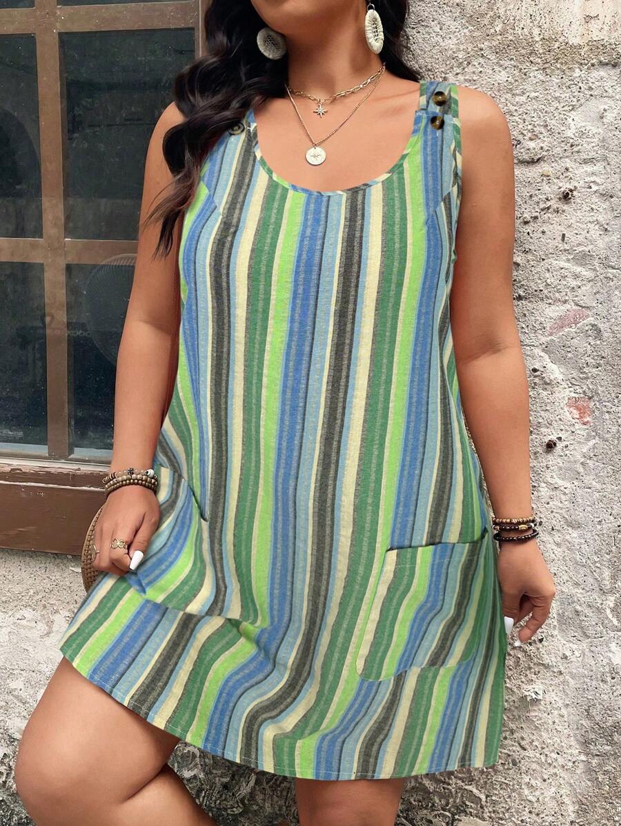 SHEIN Clasi 大码女式夏季休闲条纹无袖连衣裙，带口袋 - 藍色 - 查看 1
