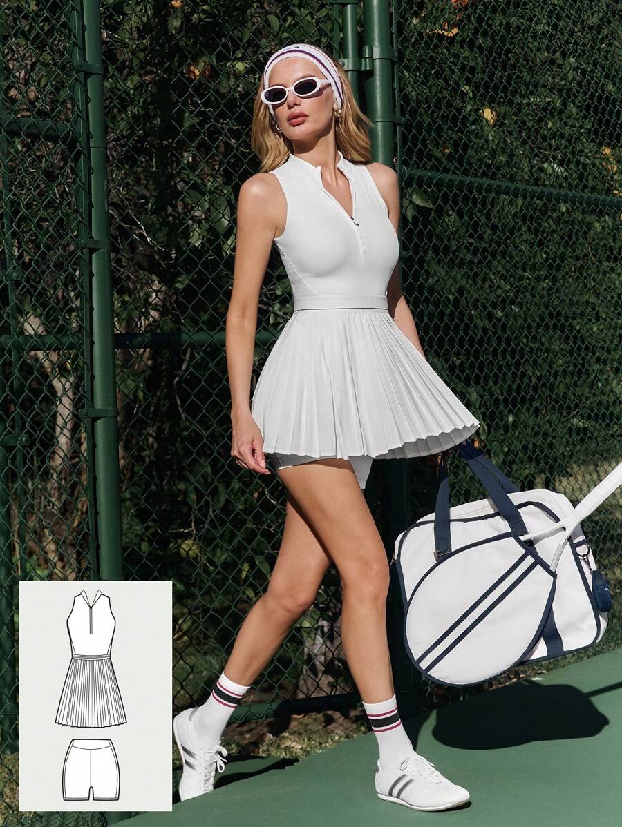 GLOWMODE 速干网球半拉链领口网眼镂空后背褶皱连衣裙，配有短裤侧袋防滑握把网球健身训练 - 白色 - 查看 1