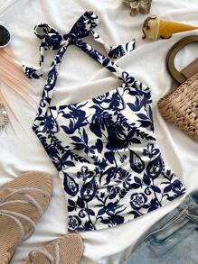 Soleia Casual Minimalist Vacation Style Floral Silhouette Print Plus Size Camisole And Tank Top For Summer