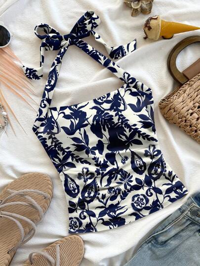 Soleia Casual Minimalist Vacation Style Floral Silhouette Print Plus Size Camisole And Tank Top For Summer