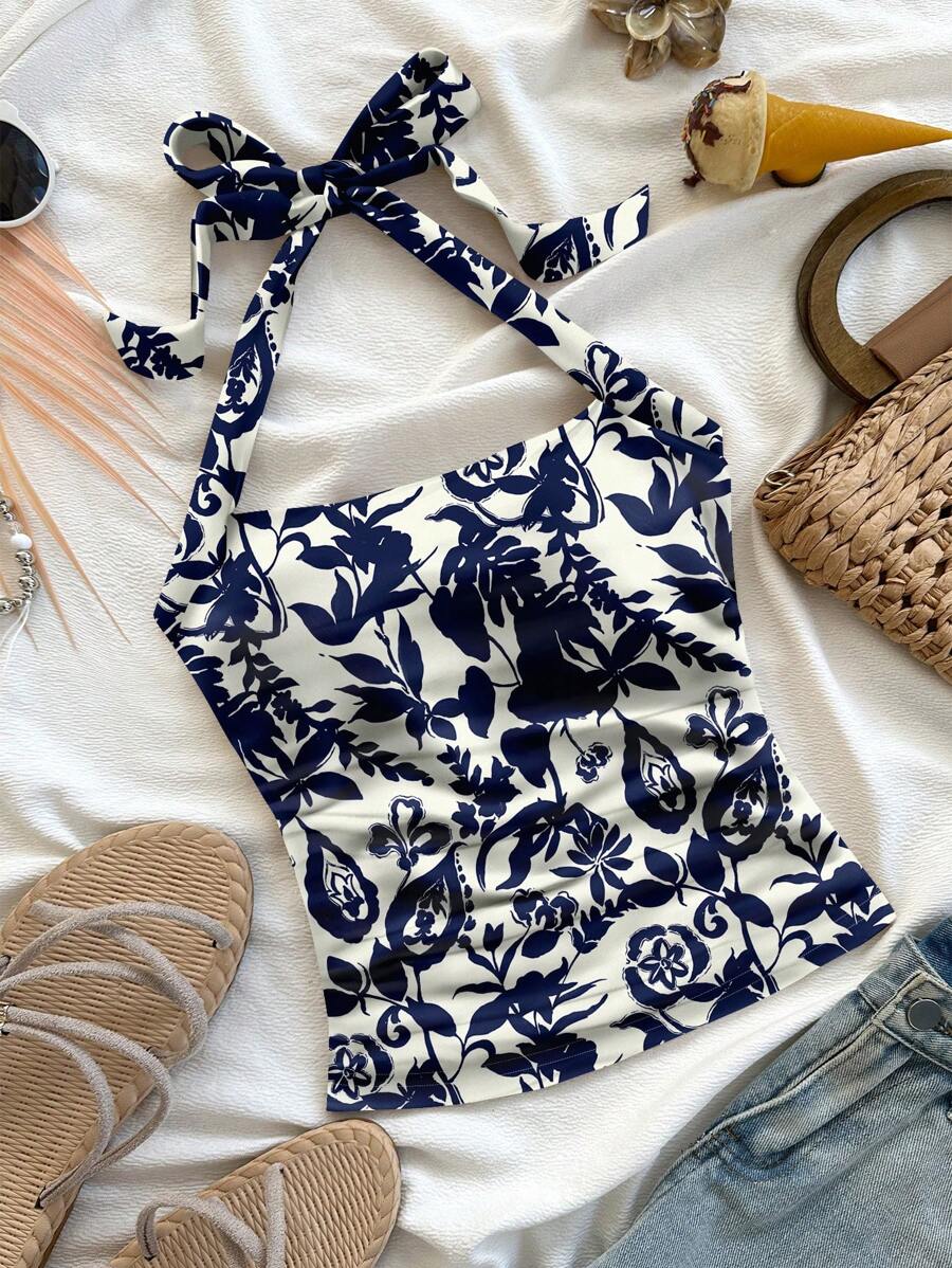 Soleia Casual Minimalist Vacation Style Floral Silhouette Print Plus Size Camisole And Tank Top For Summer