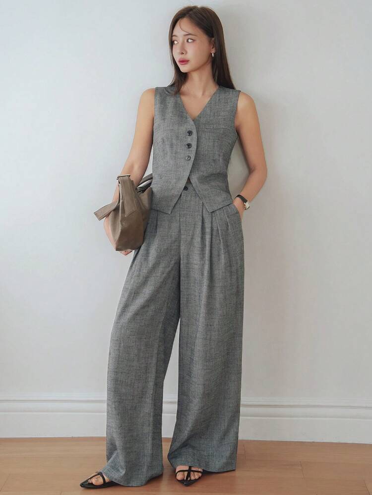 Women's 2Pcs Summer Business Casual Linen Fitted Vest And Straight Leg Pants Suit Sets Work Women Clothes