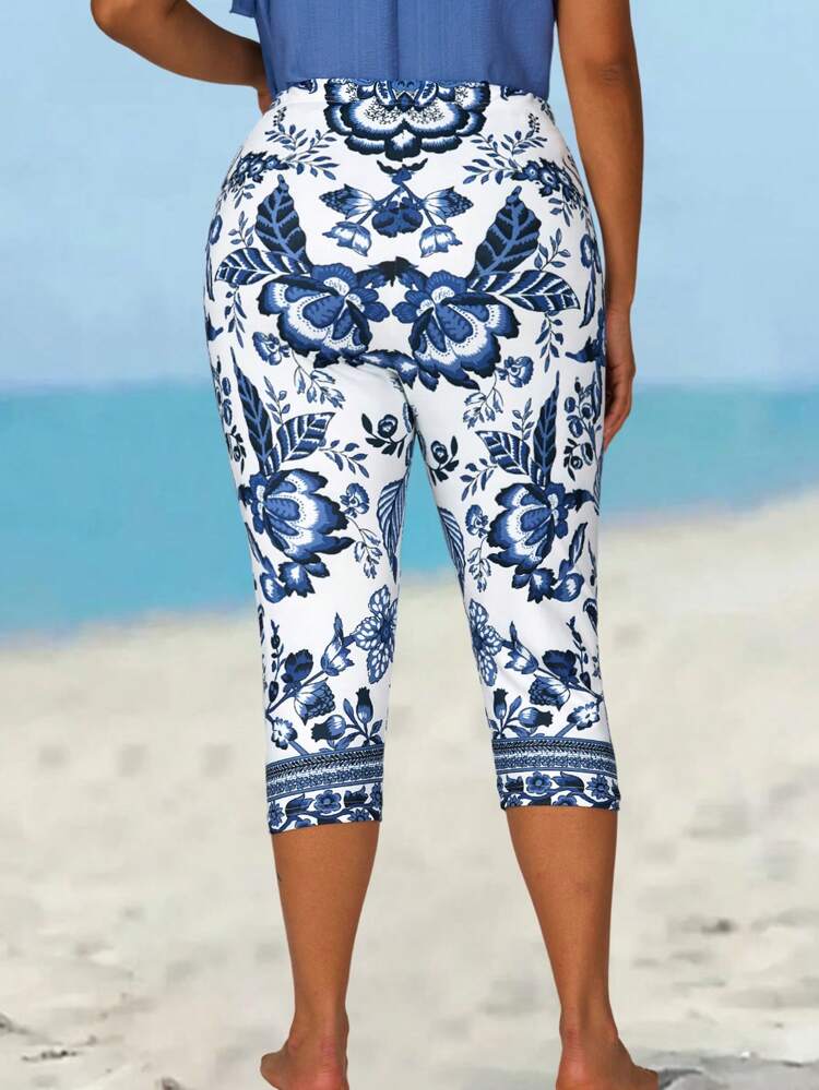 Plus Size Women Floral Print 3/4 Length Leggings, Gifts For Mother,Summer Holiday,Vacation Outfits Women,Simple And Fashionable For Everyday Wear,Vacay Vibes,Springbreak,Casual Wear SS,Bohemia