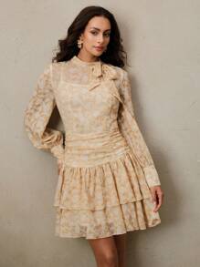 Anewsta Women All-Over Print Stand Collar Long Sleeve Ruched Flounce Hem Dress