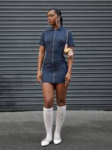 COUREZ Mini Dress With Boxy Sleeves And Back Opening /Summer Outfits For Women /Summer Dresses Going Out Outfits Casual /Y2K Vintage - Royal Blue - View 2