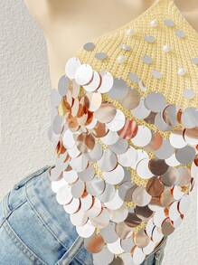 SHEIN Unity Versatile Sexy Sequin Halter Neck Knit Shirt For Holiday - Yellow - View 5