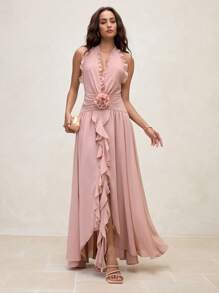 SHEIN LUNE Robe longue maxi élégante de vacances à col en V avec Top en 3D floral - Rose bonbon - Voir 1