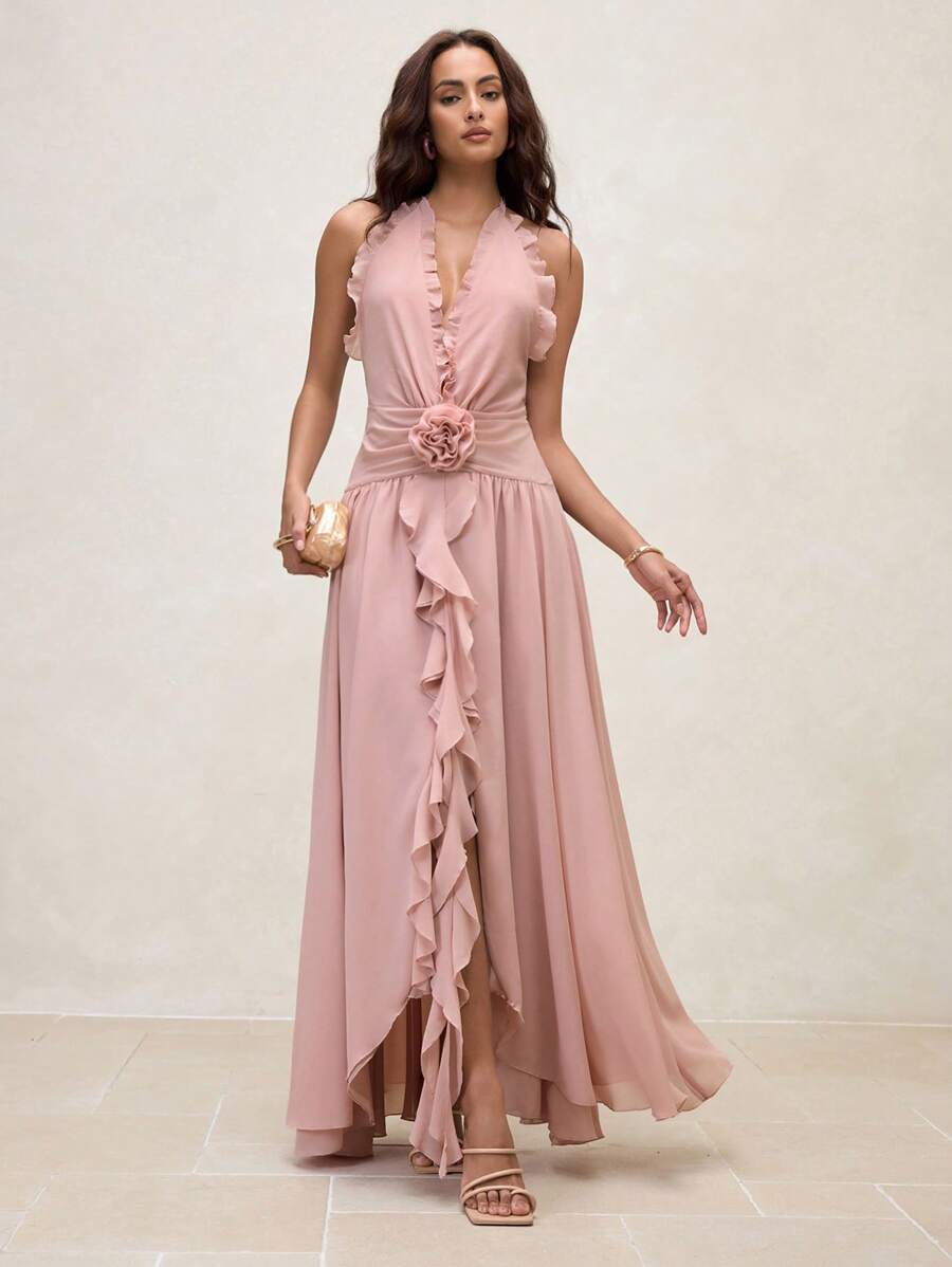SHEIN LUNE Robe longue maxi élégante de vacances à col en V avec Top en 3D floral - Rose bonbon - Voir 1