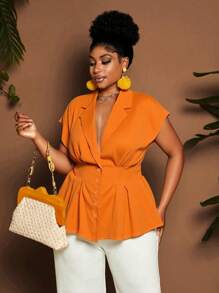 Maweii Plus Size Women Turndown Collar Solid Button Up Front Pleated Casual Shirt - Orange - View 1