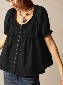 Bohemela Damen Lässig einfarbiges locker sitzendes Hemd aus Gewebe mit Kurzarm