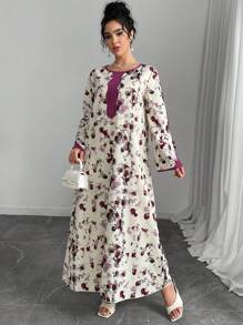 SHEIN Najma 女士休闲阿拉伯风格拼布印花连衣裙，朴素 - 彩色 - 查看 4