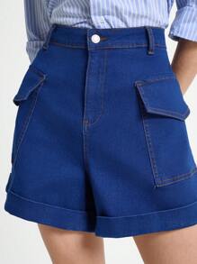 Daynim Women's Commuter Style Flip-Pocket Denim Shorts Going Out Pants - Dark Wash - View 5