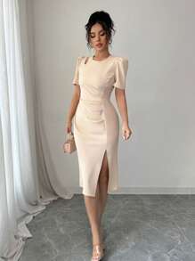 Elenzga 女士纯色圆领短款泡泡袖优雅镂空肩部连衣裙 - 杏色 - 查看 3