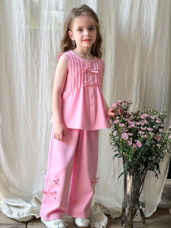 2pcs Young Girls Pink Foldable Design Sleeveless Top And Solid Color Woven Pants Set, Girl Outfit, Cute & Stylish 100 Cotton Clothes For Girls Elegant Clothes For Girls