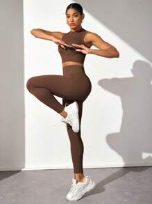 Core Rhythm Women Solid Color Seamless Crew Neck Sleeveless Top And Long Pants Sports Set Gym Set For Chinese New Year Workout Women Sets - Brown - View 4