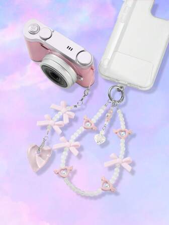 Kawaii 2pcs Elegant Simplistic Sweet Handmade Beaded Faux Crystal & Pearl Resin Bow Heart Pendant, Versatile Decoration For Phone, Key Chain, Bag, Suitable As Gift For Girl/Women, Daily Wear & Holiday