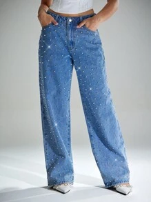 Denimoi 女式铆钉中腰宽松直筒宽松牛仔裤，时尚 - 淺色水洗藍 - 查看 1