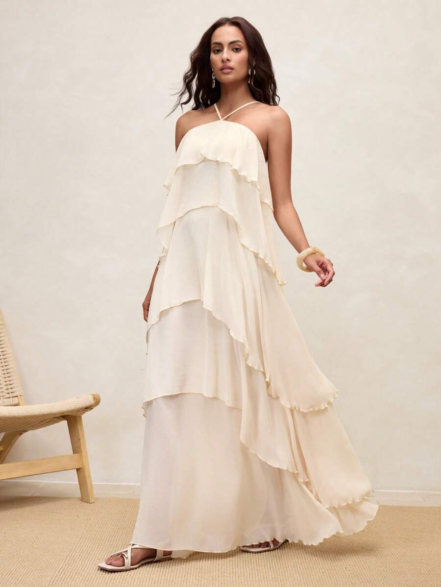SHEIN Revavyn Damen Apricot Halter Rückenfreies Maxikleid mit Bindedetail und mehrlagigem Rüschensaum, fließender Sommerstil - Aprikosenfarben - Übersicht 1