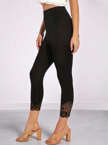 Amorya Contrast Lace Leggings Fall/Winter Women Clothes Back To School Modest Vintage Old Money Teacher Outfits For Women Airport Summer Outfit For Women - Black - View 6