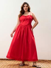 Maija 大码女式纯色荷叶边下摆前系带优雅细肩带连衣裙 - 紅色 - 查看 5