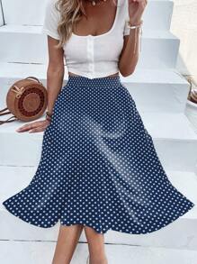 SHEIN LUNE Women's Casual Polka Dot Print Slant Pocket A-Line Skirt, Summer - Multicolor - View 6