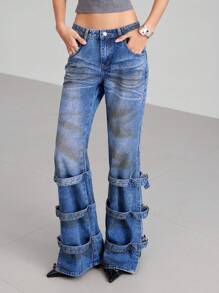 LYSMO Jeans casual a zampa con tasche e design con fibbia regolabile per donna