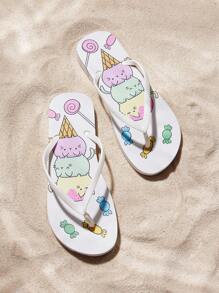 Women's Flat Flip Flops, Beach Sandals, Colorful Slip-On Slippers Beach Thong Sandals, Slip-On Style, Lightweight & Comfortable, Non-Slip Suitable For Outdoor Walking, Street Fashion, Versatile Flat Slippers Indoor & Outdoor Wear Flip Flops Vacation Season Tropical Escape Patterns - White - View 1