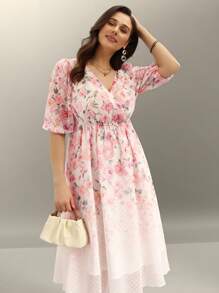 Flouryn Plus Size Women Romantic Elegant Chiffon Textured, Ombre Floral Print Cross V Neck Short Sleeve Mini Dress