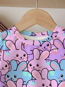 SHEIN Cute Cartoon Colorful Rabbit Print Tween Girls Casual Minimalist Short Sleeve Round Neck T-Shirt, Suitable For Summer - Multicolor - View 4