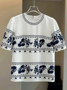 SHEIN Clasi Plus Size Women's Holiday Plant Print Round Neck Short Puff Sleeve Blouse - Blue and White - View 3