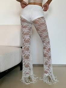 Comfortcana Women's Lace Sheer See-Through Flare Leg Pants - White - View 2