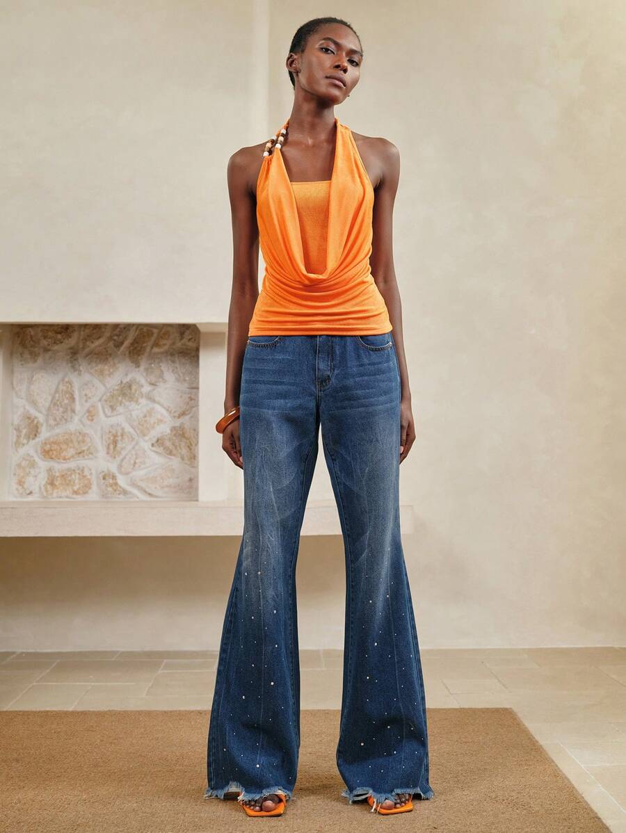 Arave Women's Casual Flared Hem Pocket Trim Denim Jeans