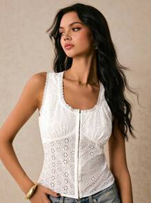 Poéselle Débardeur casual d'été sans manches avec broderie ajourée et fermeture devant pour femmes - Blanc - Voir 3
