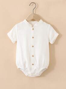 SHEIN Vintaside Kids 1件男婴休闲立领短袖荷叶边按扣连体衣，适合日常、度假和旅行，春夏季节，婴儿服装，新生儿连体衣，新生儿，婴儿，宝宝，1-24个月 - 彩色 - 查看 3