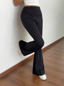 SHEIN BASICS 女式休闲纯色高腰喇叭针织裤 - 黑色 - 查看 1