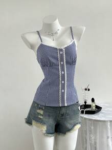 Elamini 女士夏季休闲格子蕾丝花边吊带背心