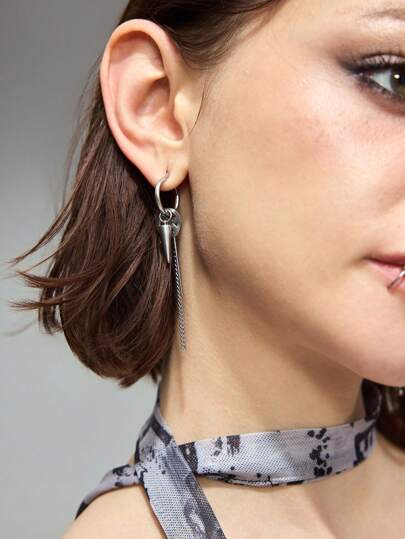 Grunge Punk 2pcs Punk Asymmetric Earring Set, Goth Cross Rivet Earrings, Dark Metal Style Tassel Earrings, Halloween