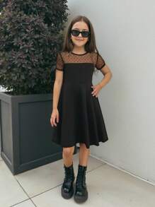 SHEIN Nova Glow Tween Girl Minimalist Mesh Patchwork Short Sleeve Crew Neck Dress