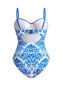 Swim Oasis 加大码女式两件套印花系带吊带背心连体泳衣，搭配印花长纱笼裙