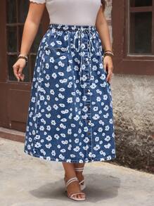 SHEIN LUNE Plus Size Floral Print Drawstring Waist Pocket Casual Denim A-Line Skirt - Dark Wash - View 4