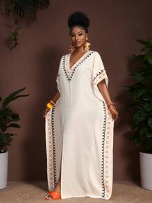 Veslaya 2025 Spring/Summer New Arrival African Print Relaxed-Fit Robe, Elegant Loose Kaftan Linen Robe, Plus Size - Multicolor - View 3